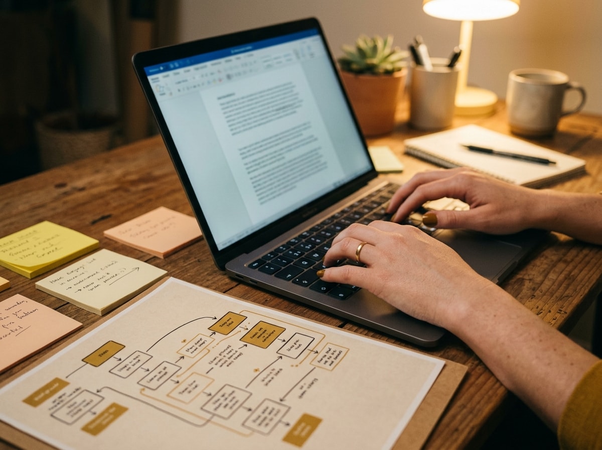 Diagrama de flujo editorial con flechas mostaza, documentos y bases de datos