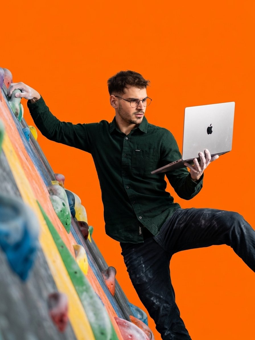 Adrià escalando una pared de búlder con el portátil, fondo naranja