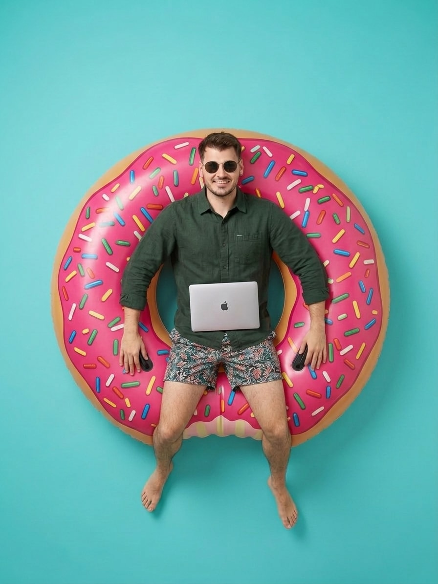 Adrià tumbado en un flotador donut con el portátil, fondo turquesa