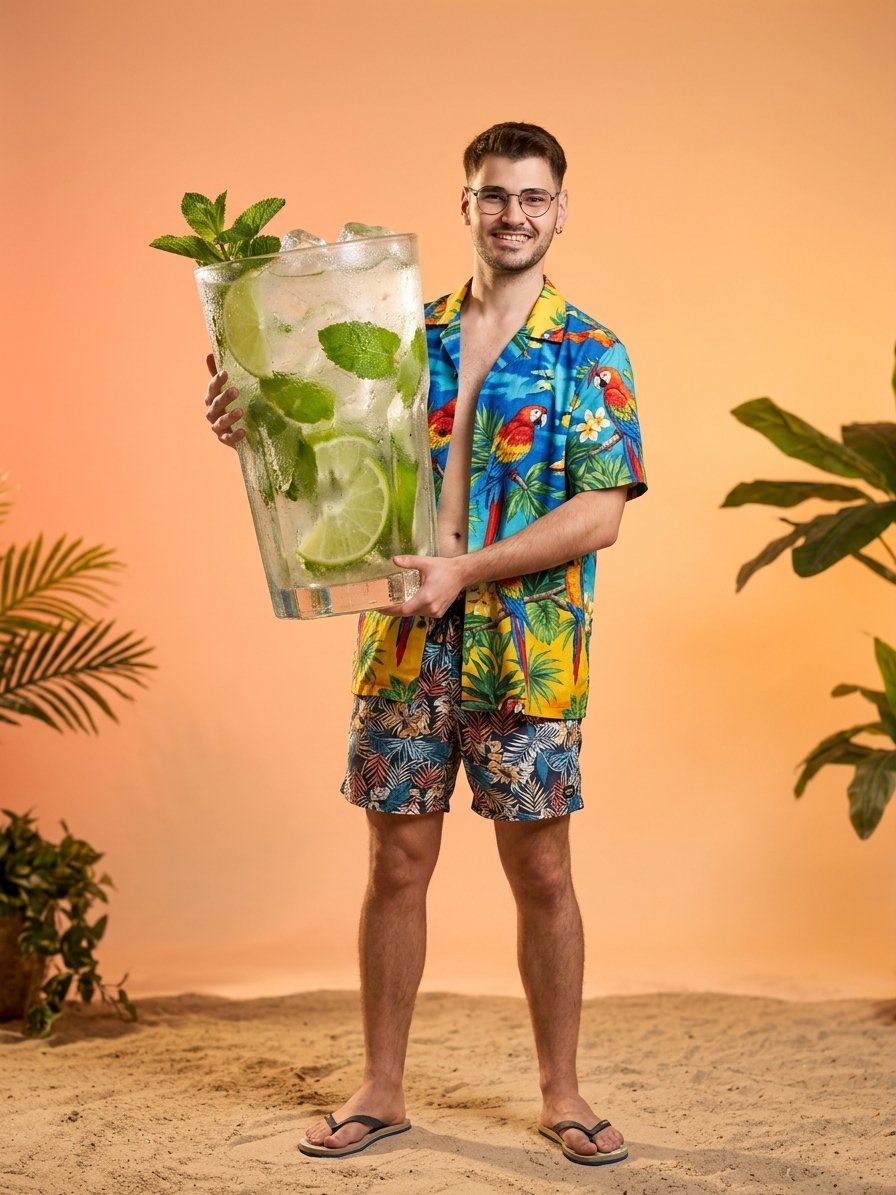 Adrià sujetando un mojito gigante en la playa con camisa hawaiana