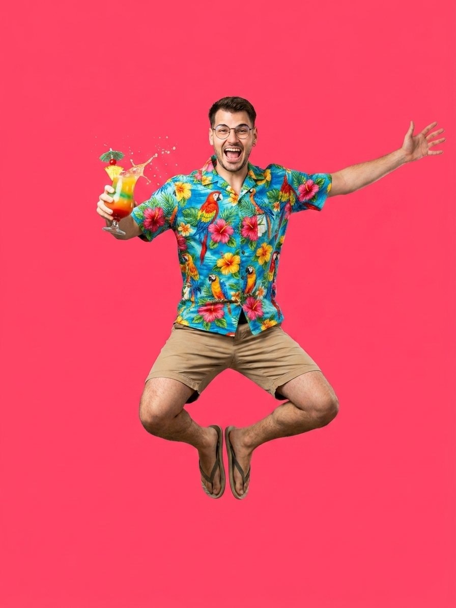 Adrià saltando con un cóctel y camisa hawaiana, fondo rosa